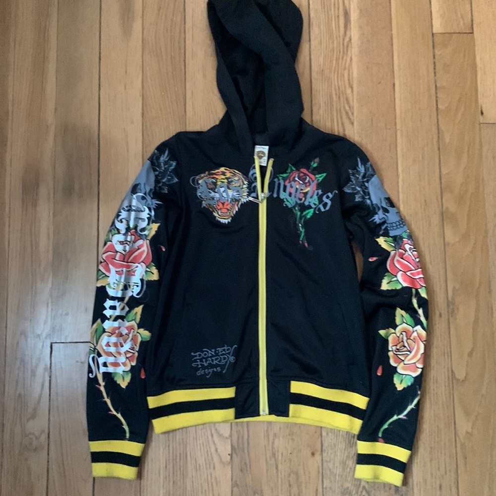 Ed Hardy lightweight hooded jacket. Great detail. Great used condition. Size med